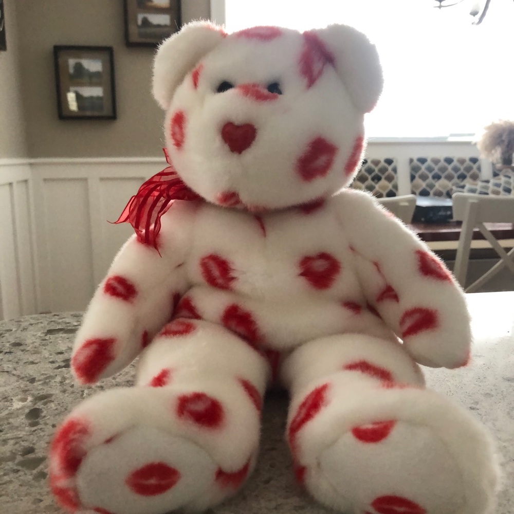 2001 Ty Beanie Buddy SMOOCH Kiss Valentine Bear Red White Stuffed Plush 14"